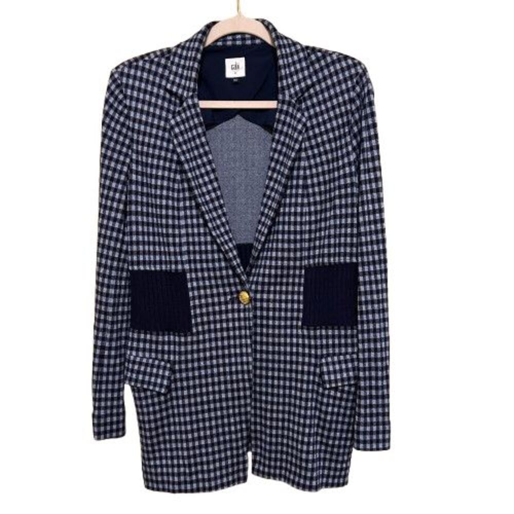 Cabi #5848 The Checkup Blazer Medium Blue Navy Gingham Stretch Knit Nautical